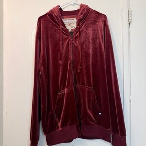 True Religion Velour "Big T" Zip-Up Hoodie in Burgundy